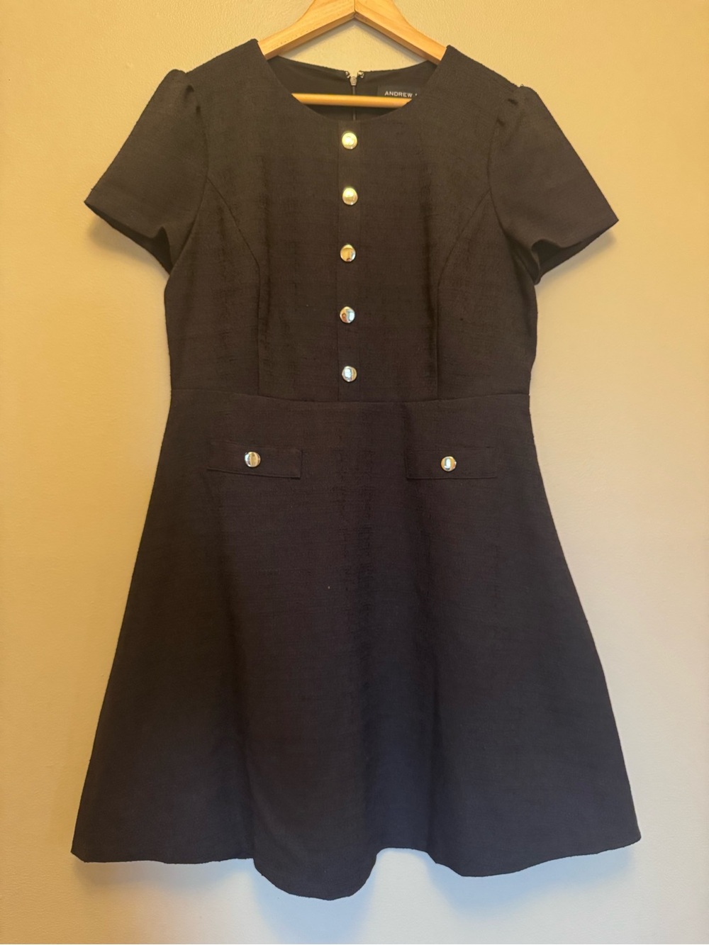 Andrew Marc Black Short-Sleeve A-Line Dress with Siver Buttons